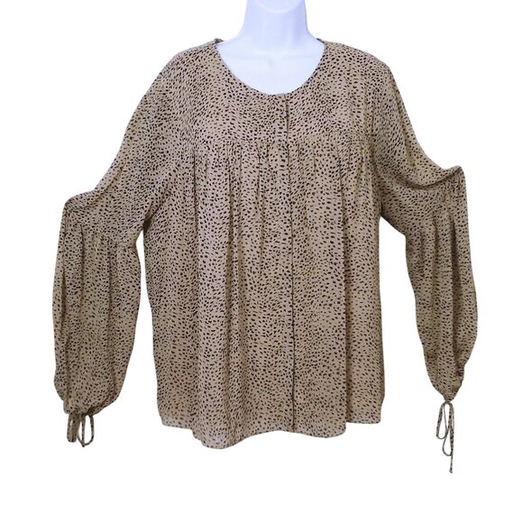 Halston Blouse Size Medium Babydoll Poet Tan Black Animal Print - Picture 2 of 9